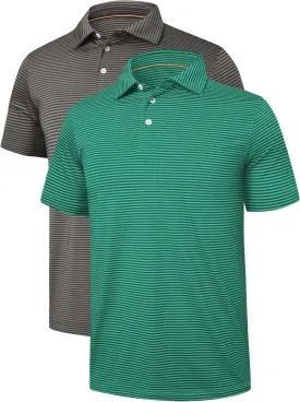 2 Pack Mens Golf Polo Shirts Striped Moisture Wicking Short Sleeve Performance Quick Dry Casual Tennis Golf