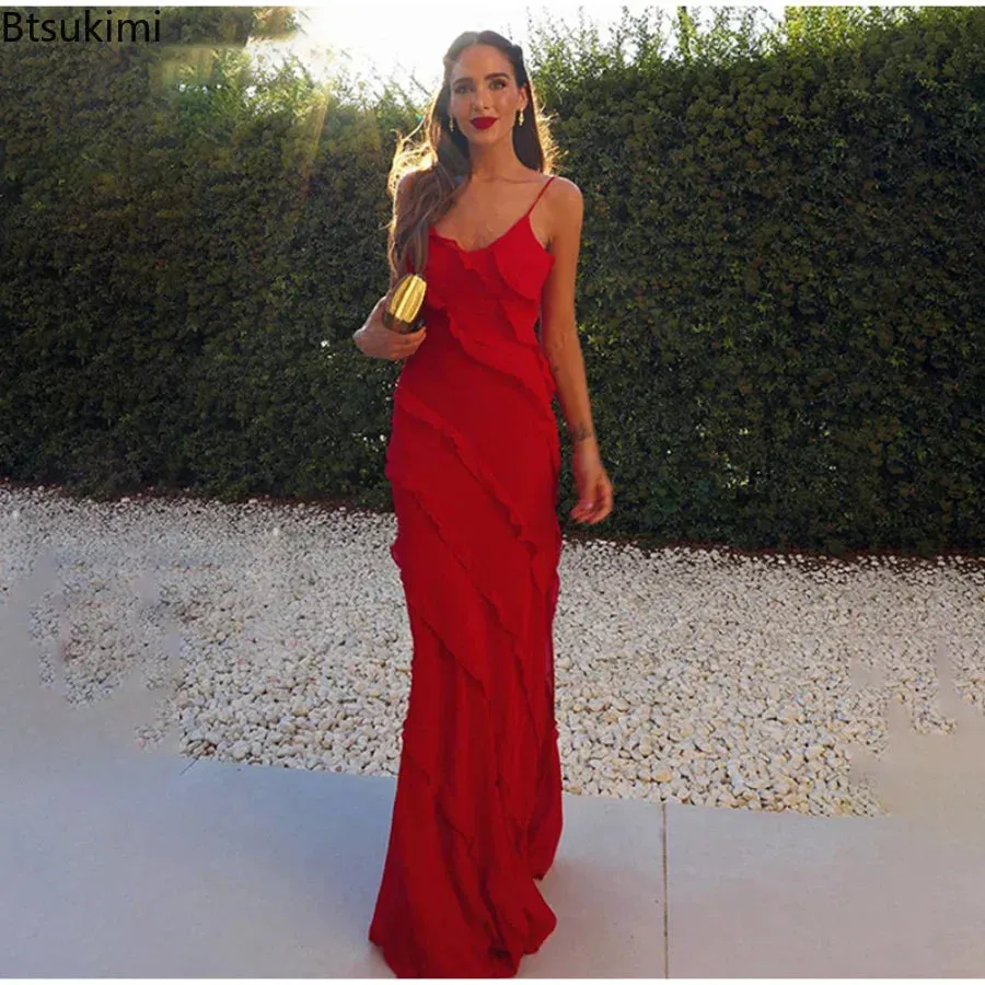 2024 Women's Ruffles Chiffon Maxi Dresses Backlesss Split Sexy Porm Dress Red Long Summer Wedding Party Dress Elegant Vestidos