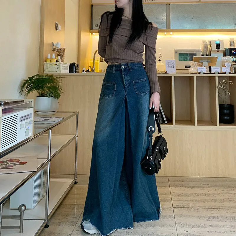 90s Grunge Style Wide Leg Denim Pants for Women