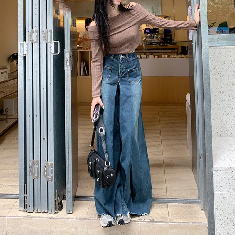 90s Grunge Style Wide Leg Denim Pants for Women