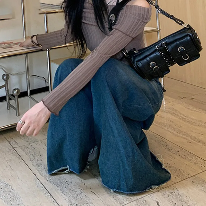90s Grunge Style Wide Leg Denim Pants for Women