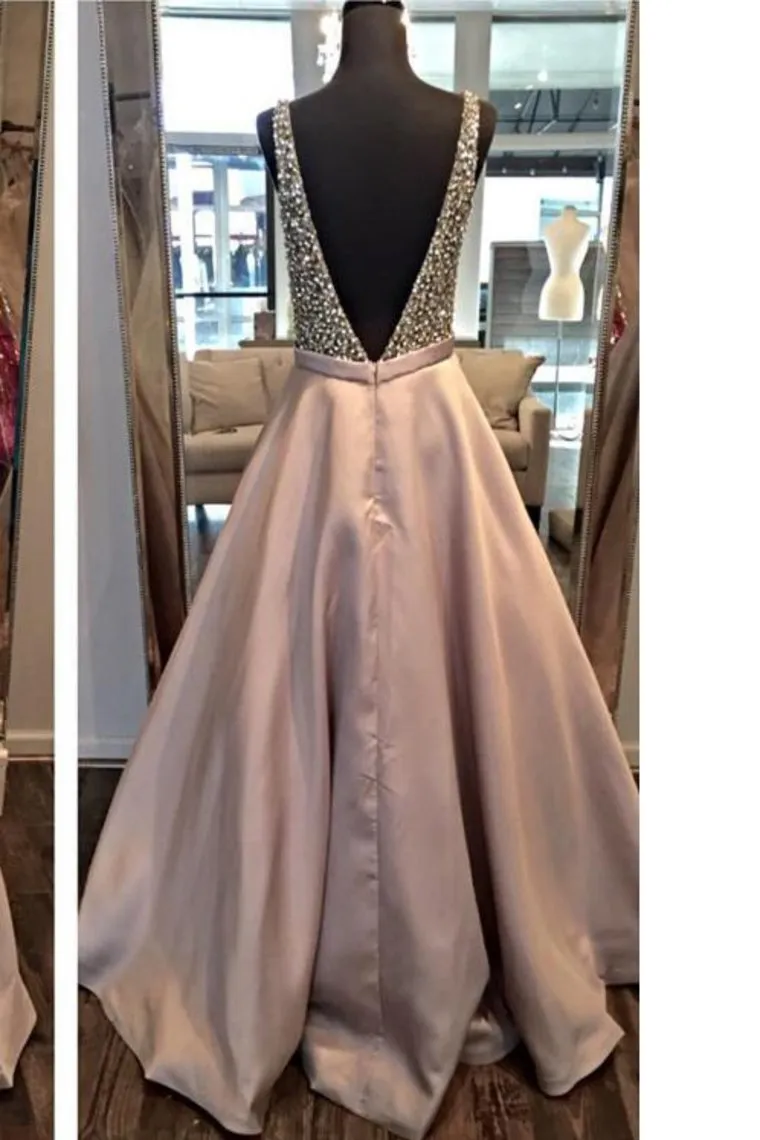 A-Line Prom Dresses Beaded Bodice Satin A Line Open Back
