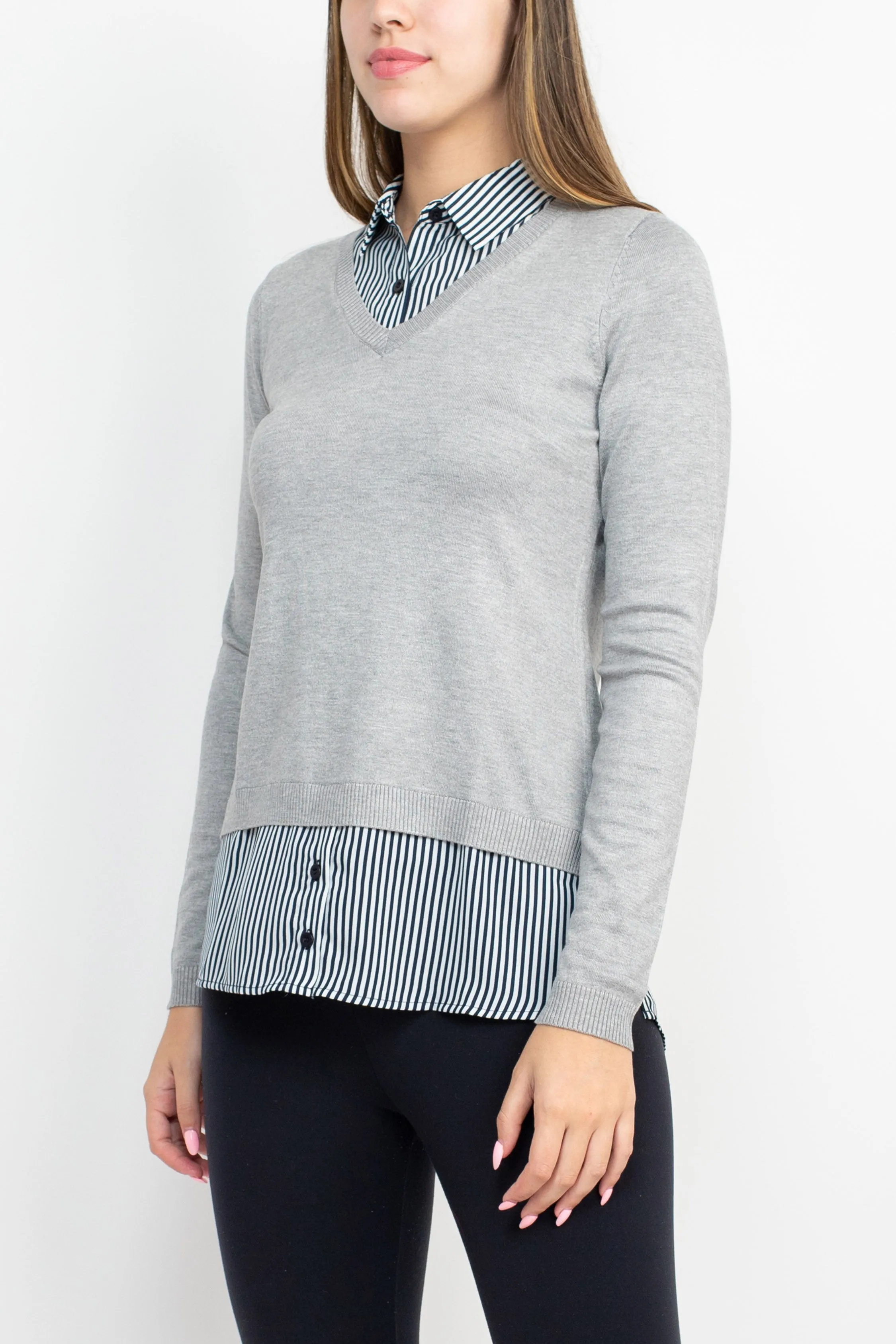 Adrianna Papell V-Neck Long Sleeve Solid Woven Sweater