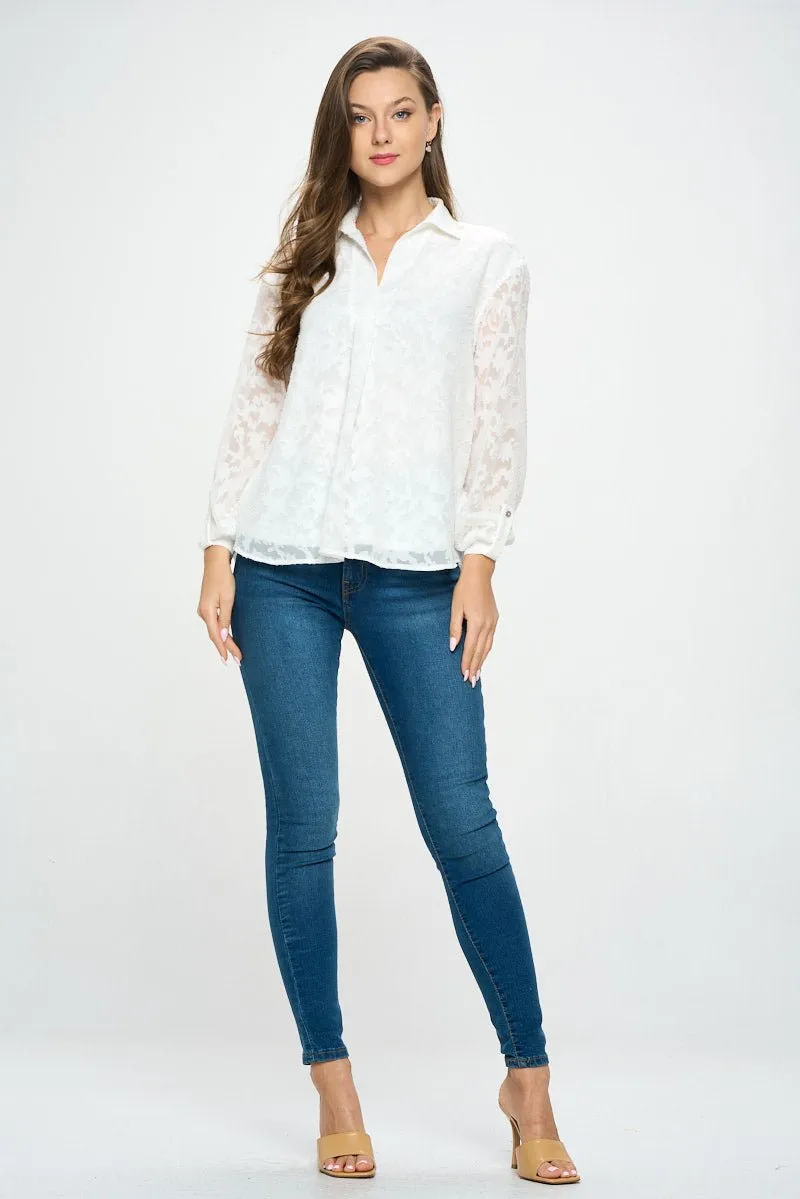 Alison Roll-Tab Sleeve Collared Lace Blouse