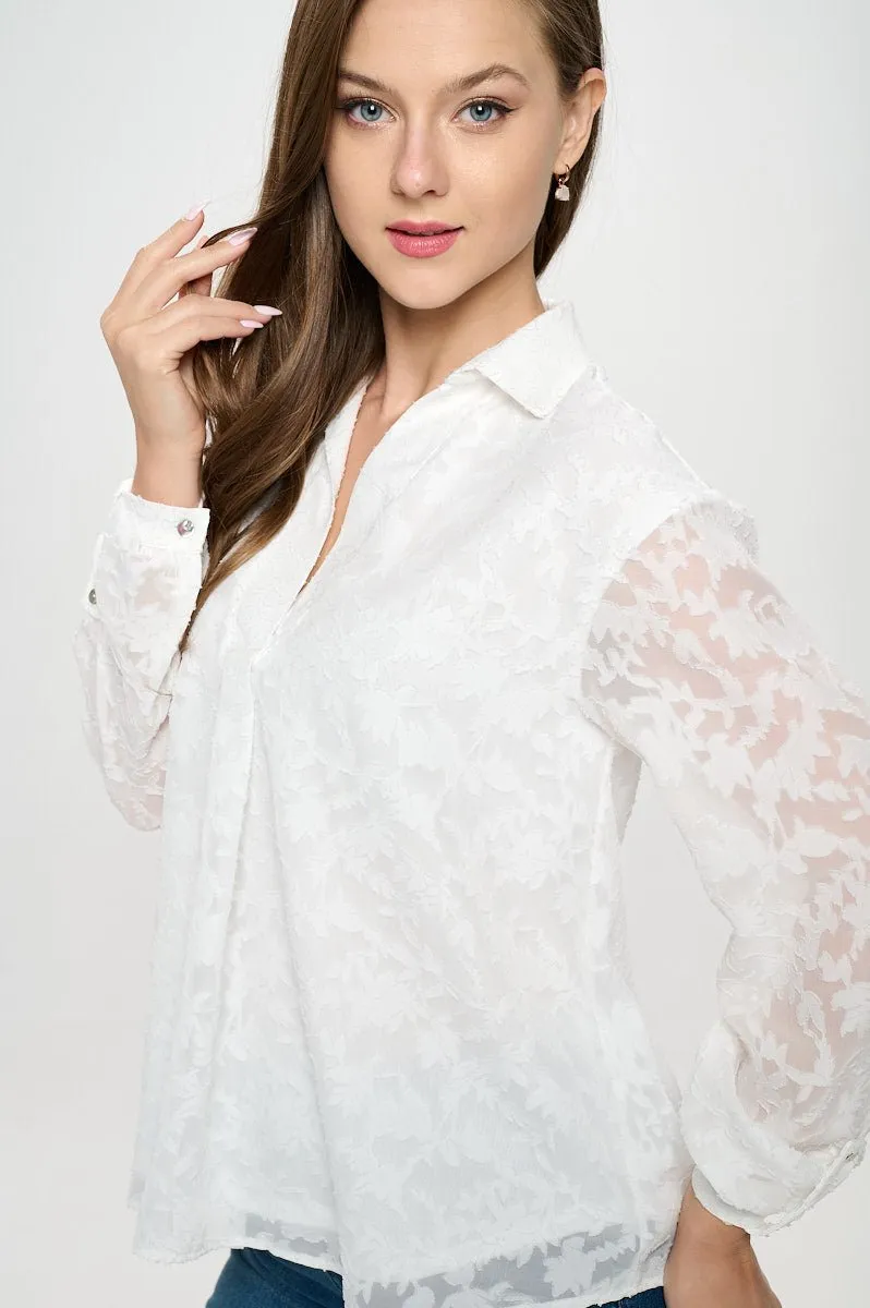 Alison Roll-Tab Sleeve Collared Lace Blouse