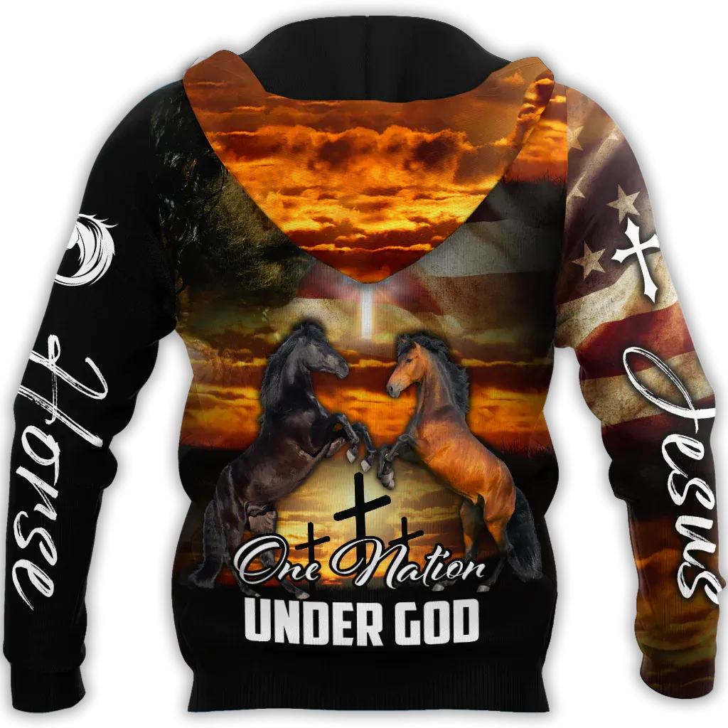 American Flag One Nation Under God Horse Hoodie Patriotic Hoodie Horse Lover Gifts