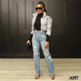 Amy Fashion - Irregular Waist Straight Leg High Street Loose Ripped Holes Casual Fashion Stretchy Jean