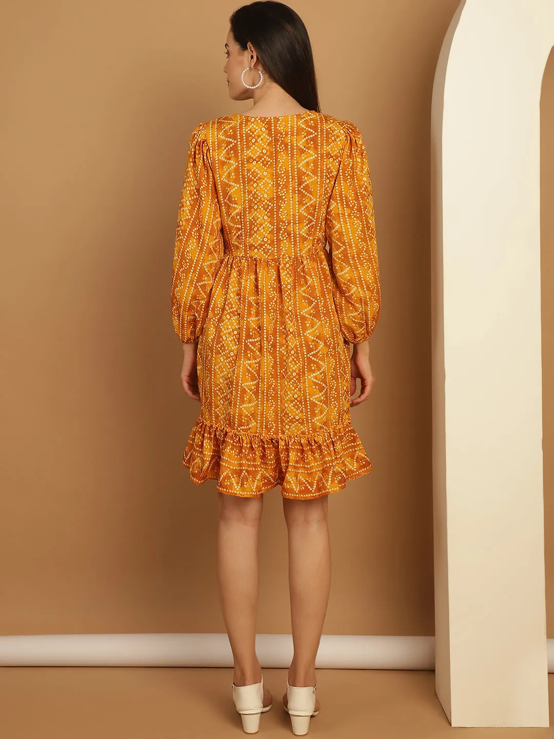 Bandhani Printed Puff Sleeve A-Line Dress