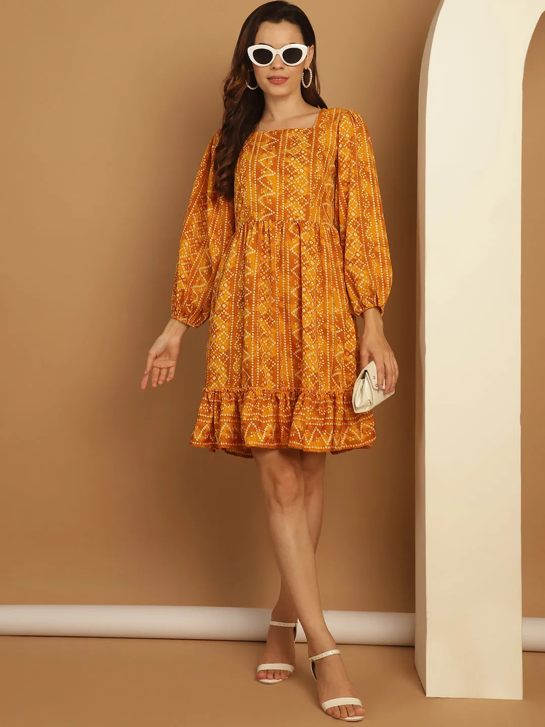 Bandhani Printed Puff Sleeve A-Line Dress