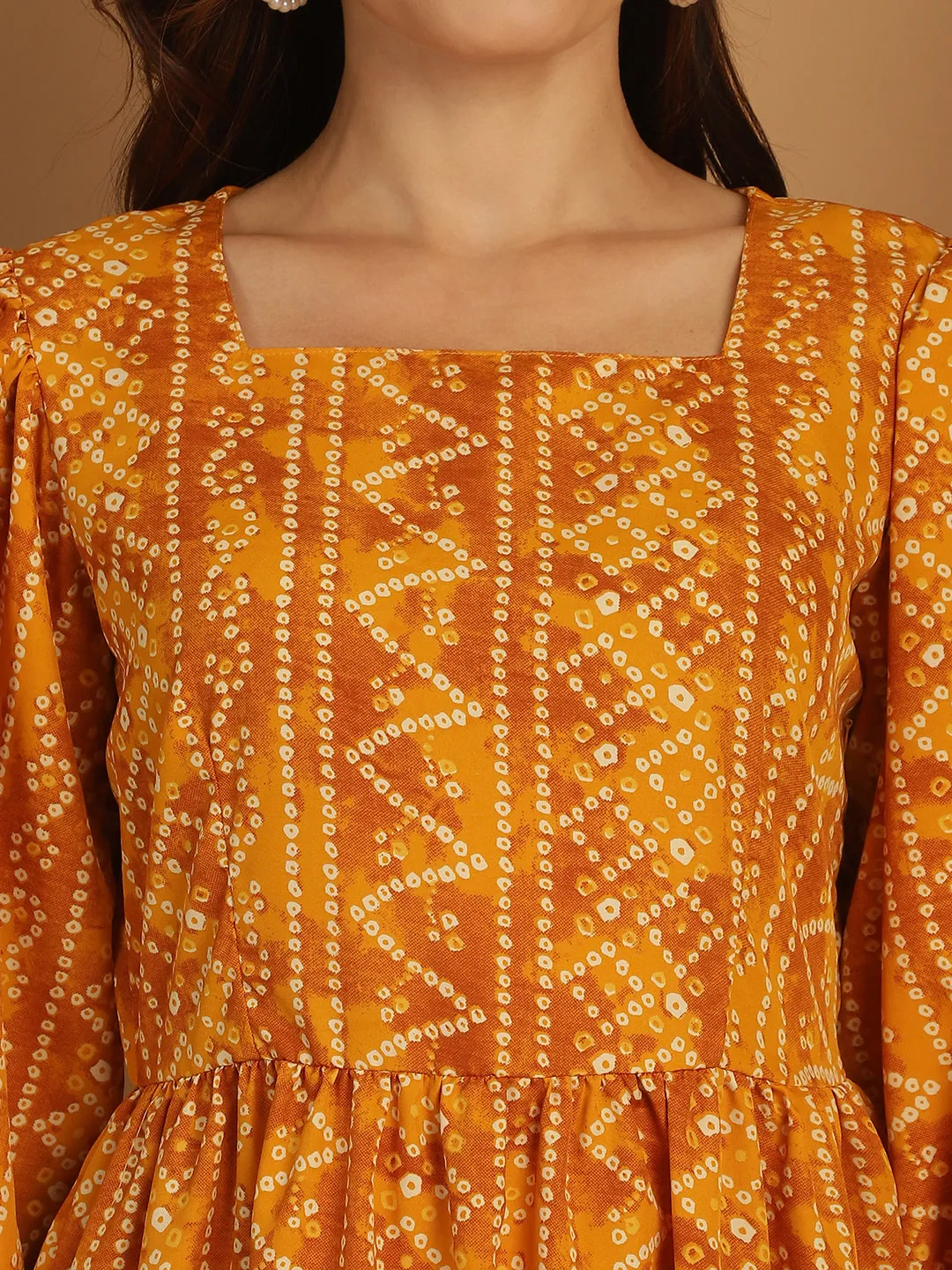 Bandhani Printed Puff Sleeve A-Line Dress