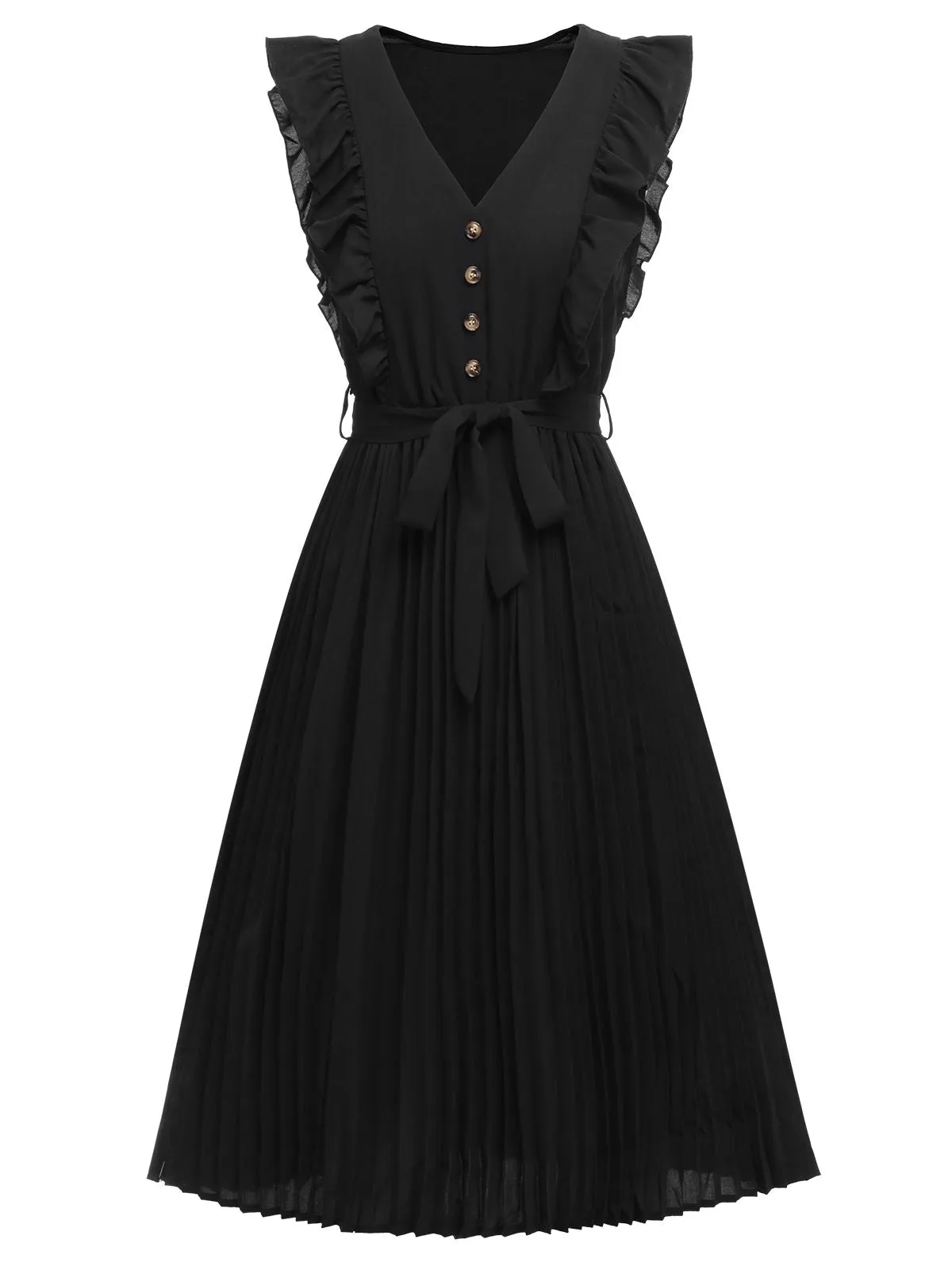 Black 1940s Solid Flying Sleeve Pleated Dress