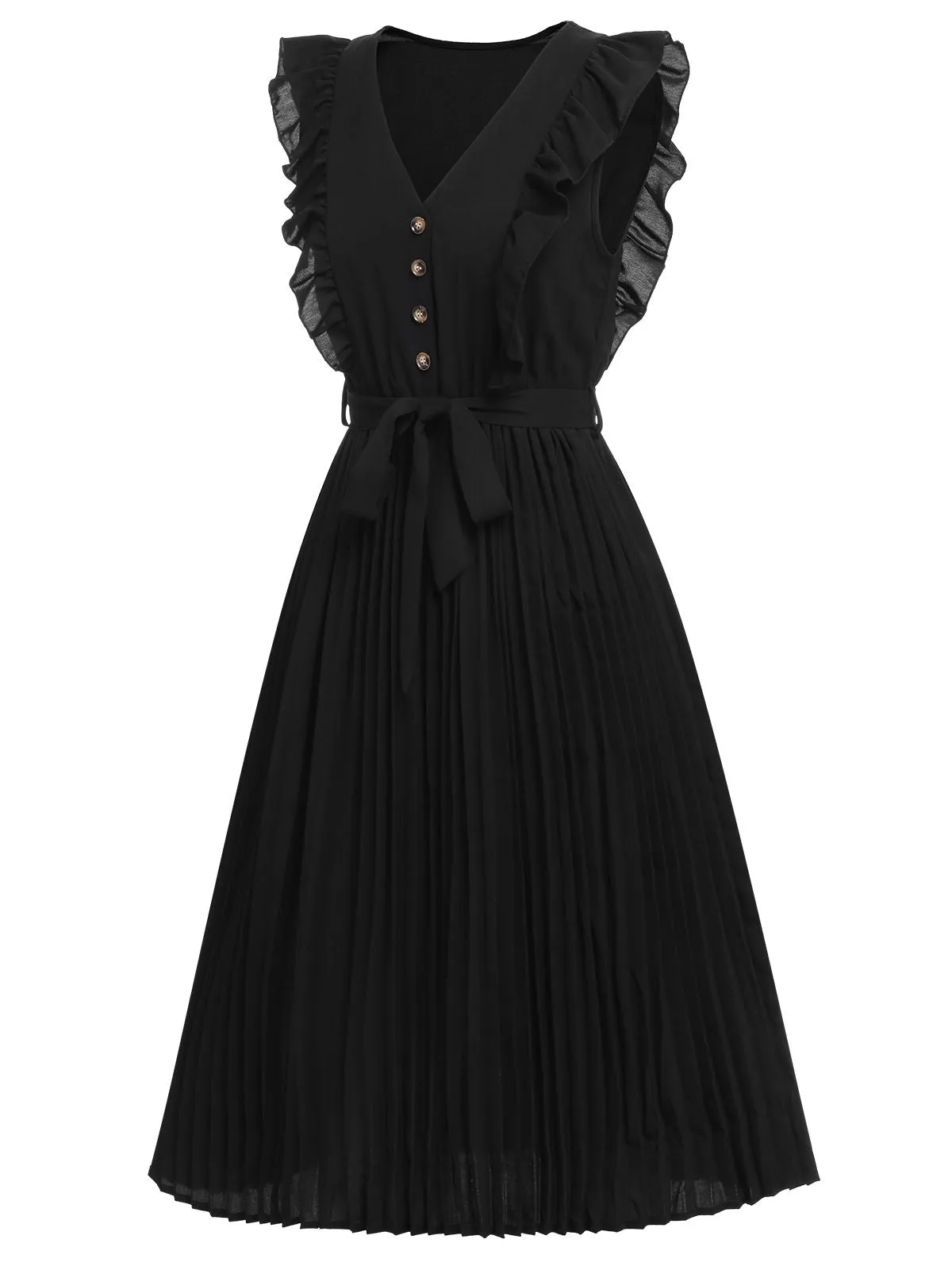 Black 1940s Solid Flying Sleeve Pleated Dress