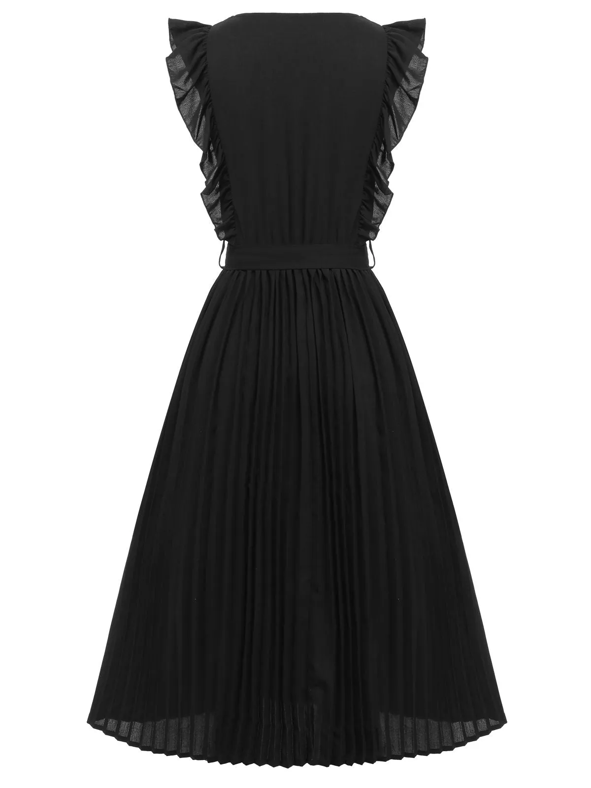Black 1940s Solid Flying Sleeve Pleated Dress