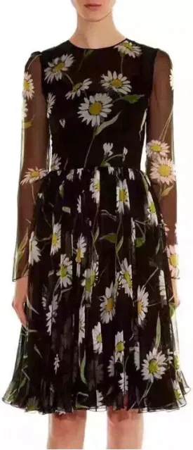 Black Daisy-Printed Chiffon Dress