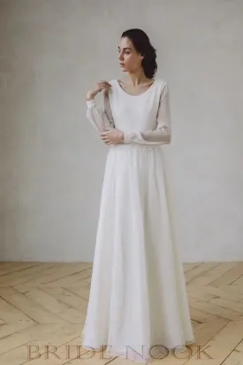 Boat Neck Lace Top Wedding Dress With Long Sleeves