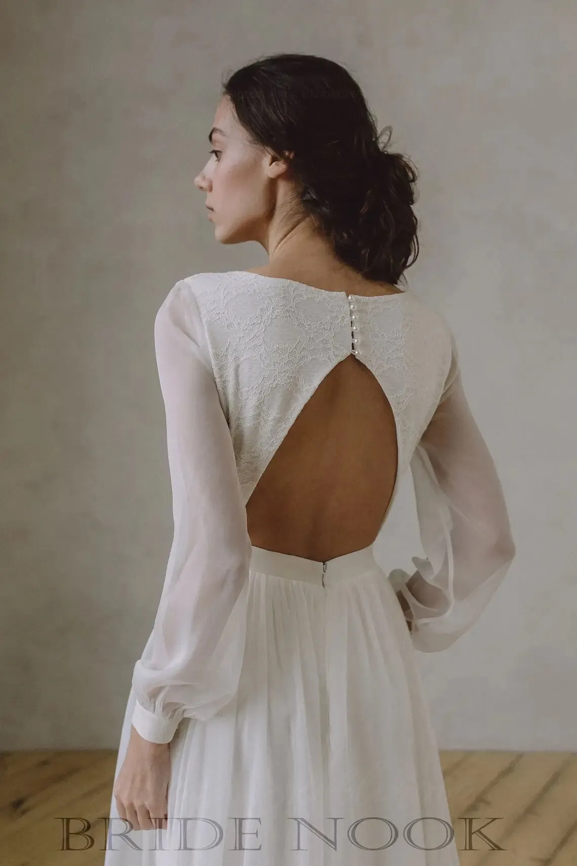 Boat Neck Lace Top Wedding Dress With Long Sleeves