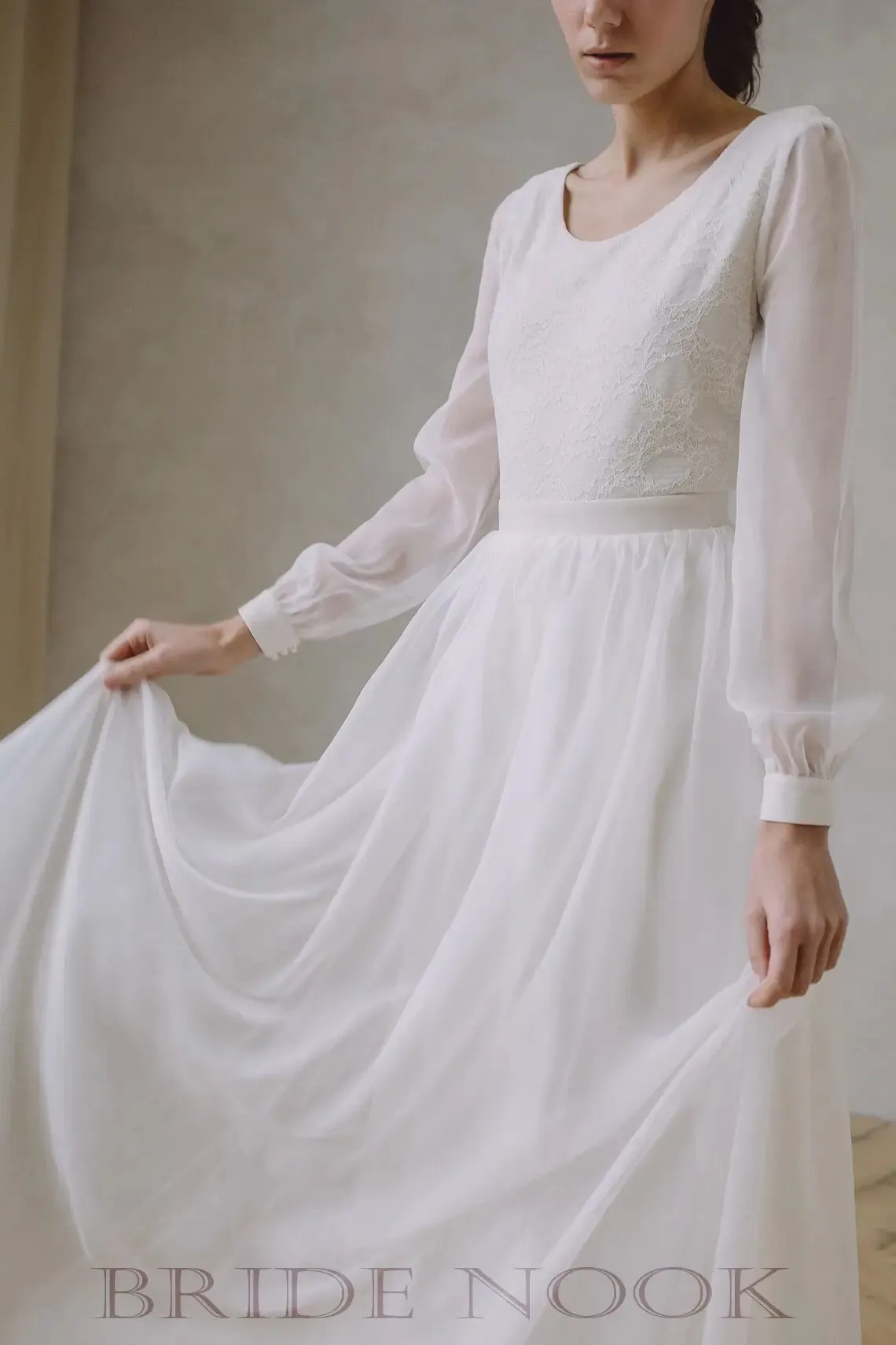 Boat Neck Lace Top Wedding Dress With Long Sleeves