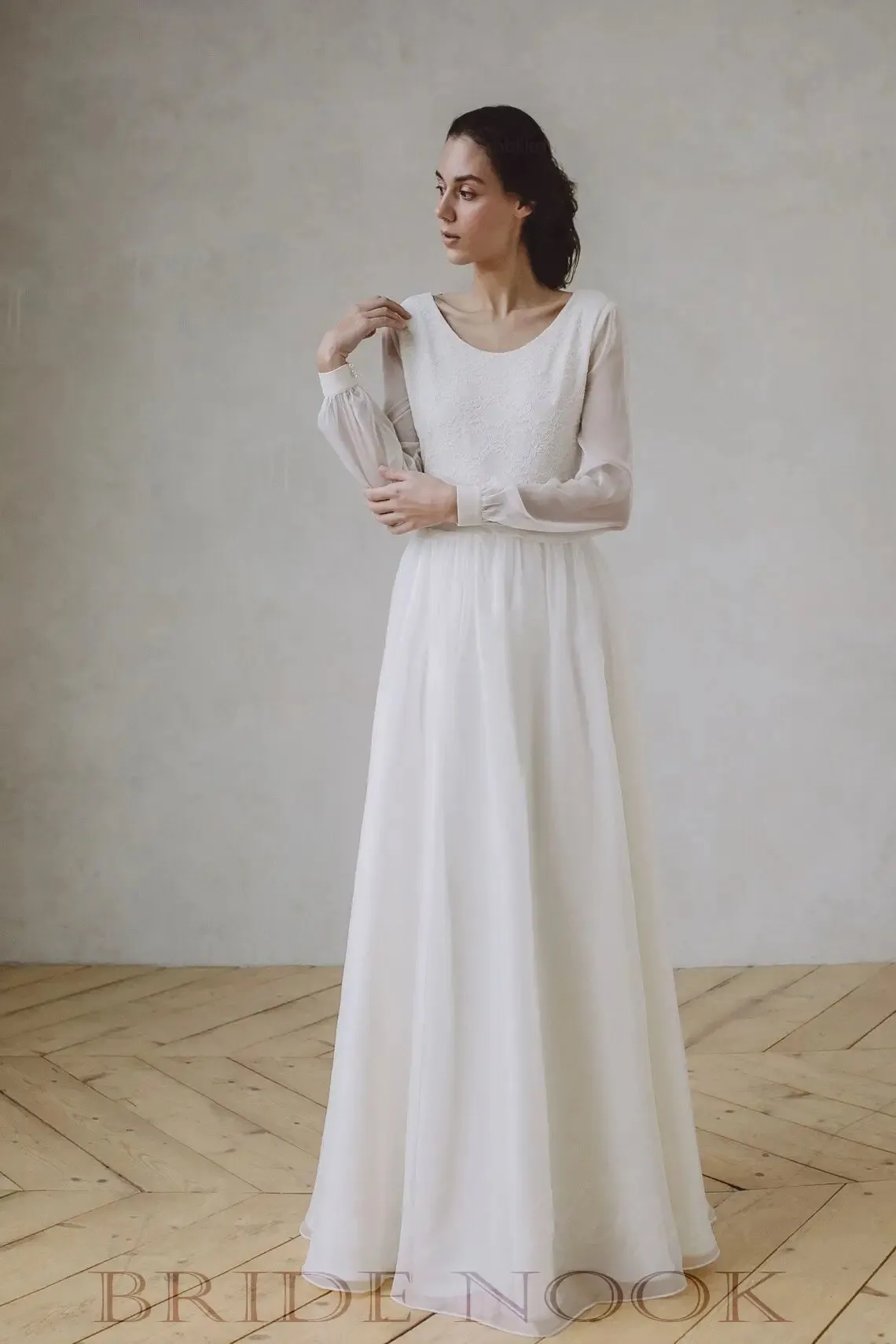 Boat Neck Lace Top Wedding Dress With Long Sleeves