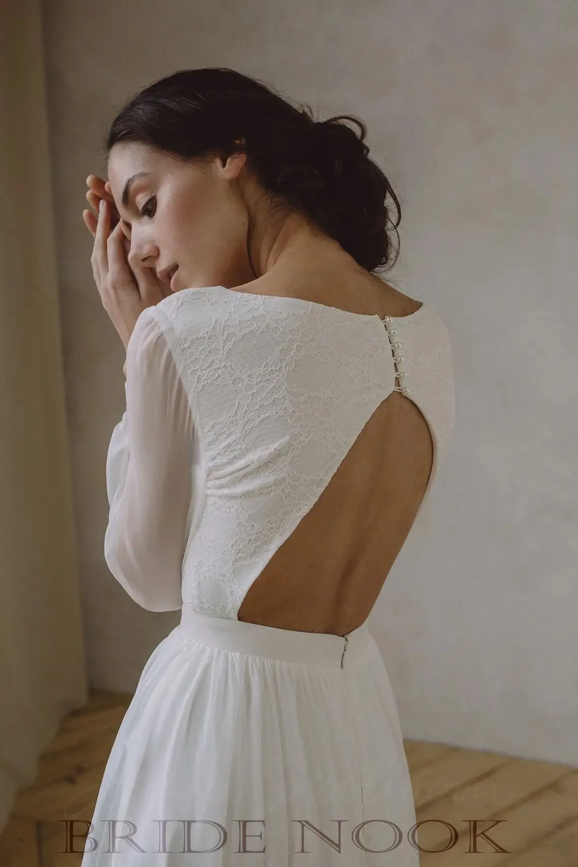 Boat Neck Lace Top Wedding Dress With Long Sleeves