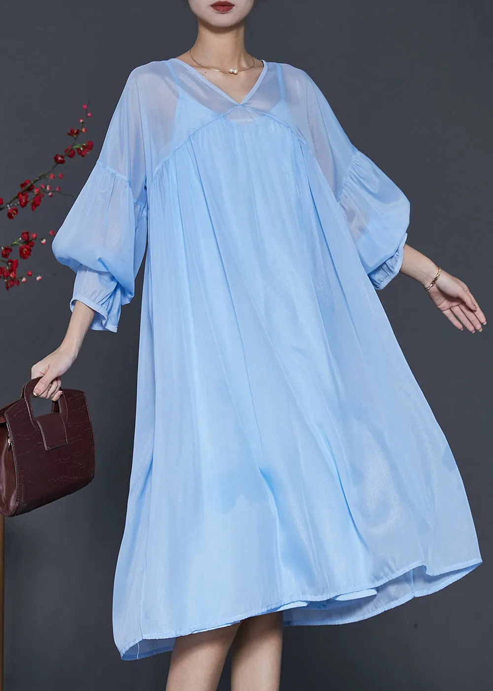 Bohemian Lake Blue Draping Chiffon Dress Two Piece Set Lantern Sleeve SD1040