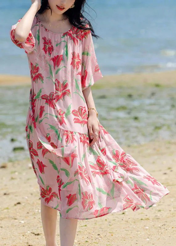 Bohemian Pink Print Patchwork Chiffon Long Holiday Dress Summer WW020