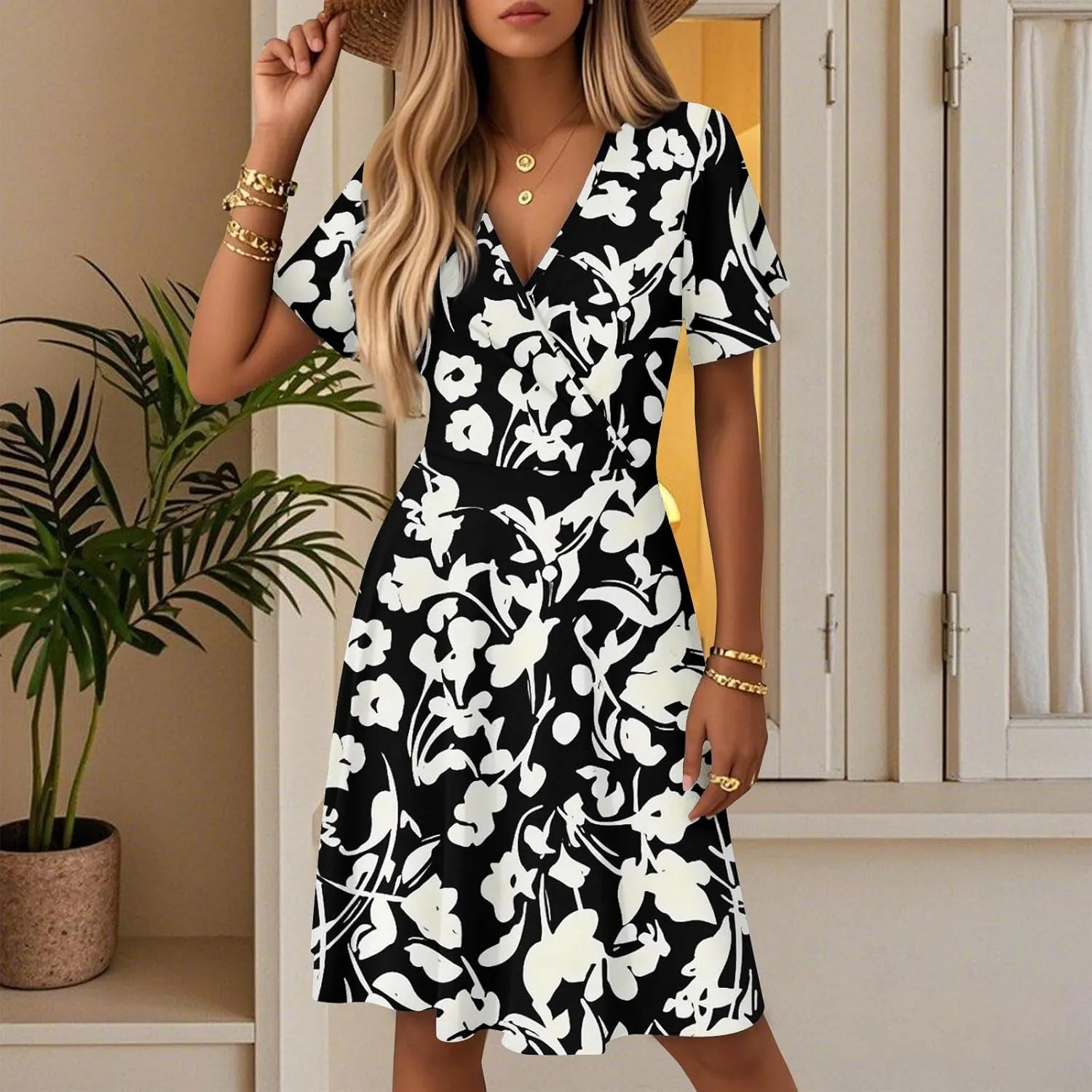 Boho Dresses for Women 2025 Elegant Classy Summer Beach Floral Casual V Neck Knee Length Sundress with Sleeves