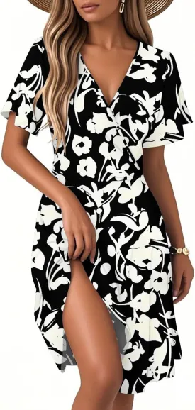 Boho Dresses for Women 2025 Elegant Classy Summer Beach Floral Casual V Neck Knee Length Sundress with Sleeves