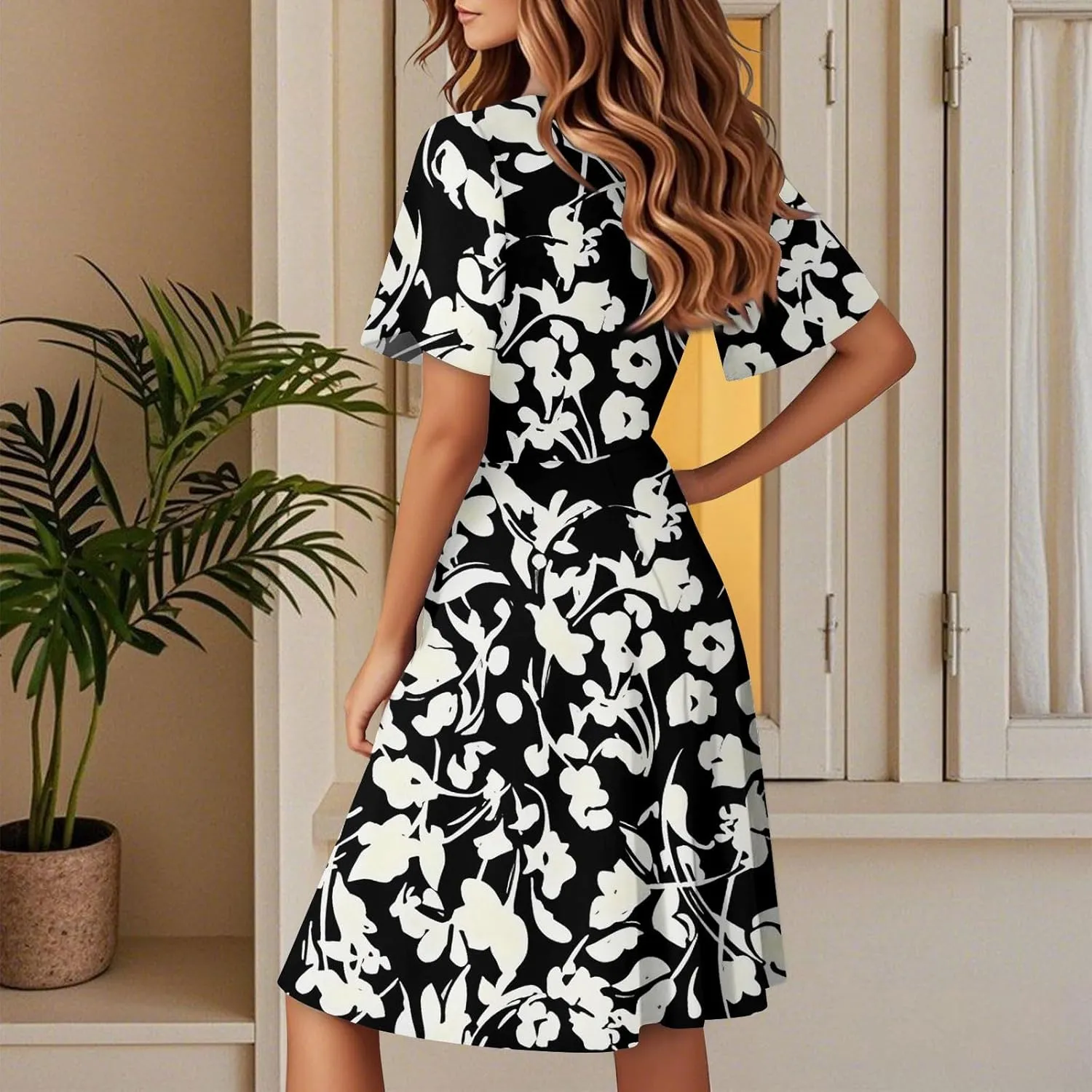 Boho Dresses for Women 2025 Elegant Classy Summer Beach Floral Casual V Neck Knee Length Sundress with Sleeves