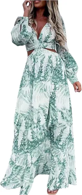 Boho Dresses for Women 2025 Summer Floral V-Neck Sleeves Puff Sleeve Maxi Dresses Flowy Beach Vacation Hawaiian Dress