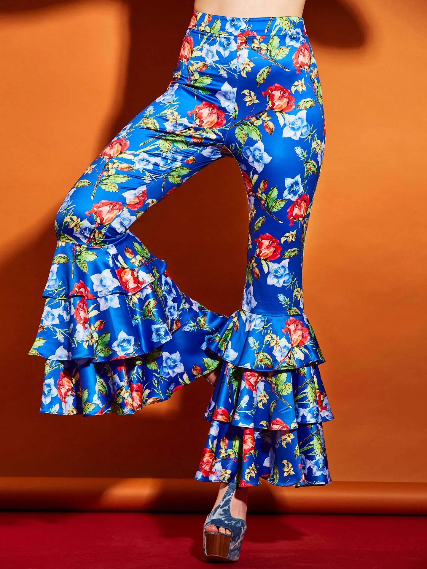Bright Elastics Ruffles Floral Bellbottoms Pants