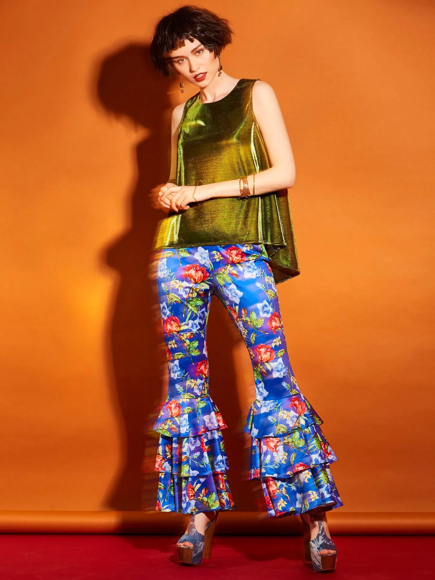 Bright Elastics Ruffles Floral Bellbottoms Pants