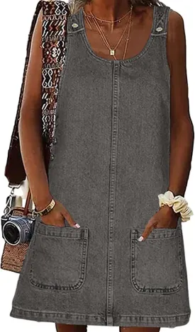 BZB Women's Sleeveless Casual Denim Dress Crewneck Vintage Loose Jean Overall Dress with Pockets