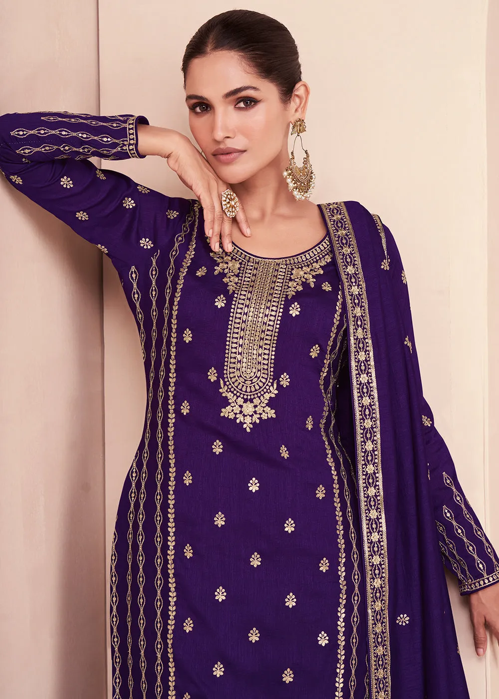 Captivating Purple Zari Embroidered Palazzo Salwar Suit