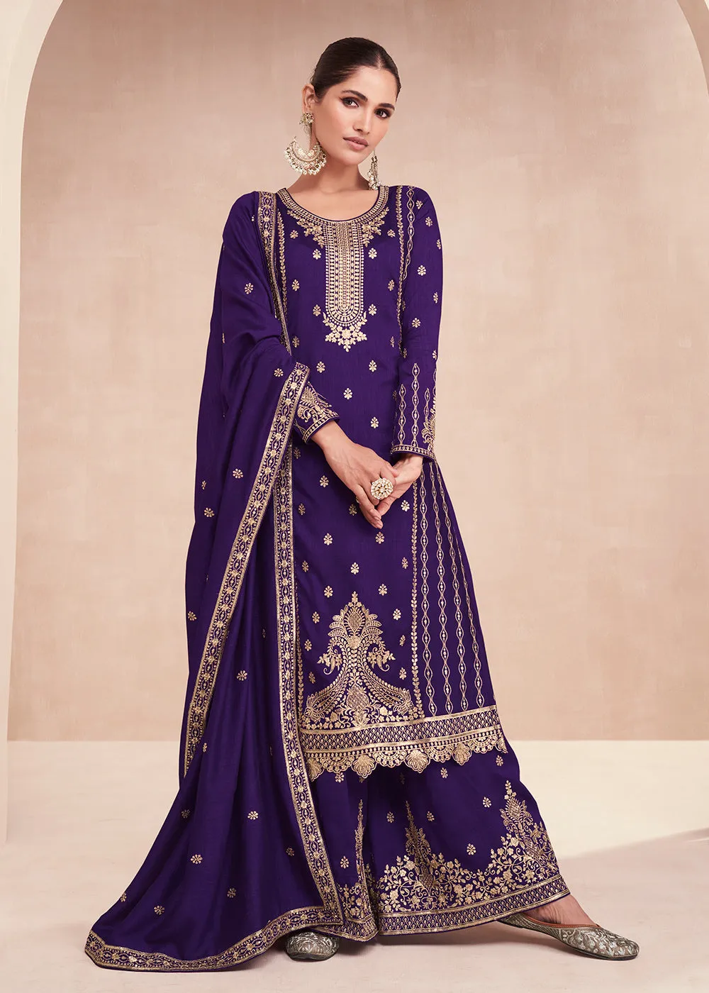 Captivating Purple Zari Embroidered Palazzo Salwar Suit