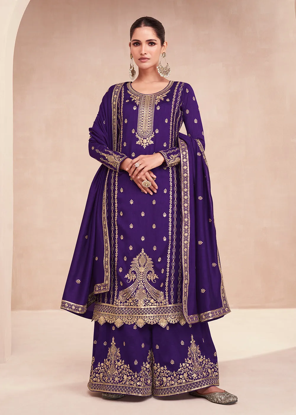 Captivating Purple Zari Embroidered Palazzo Salwar Suit