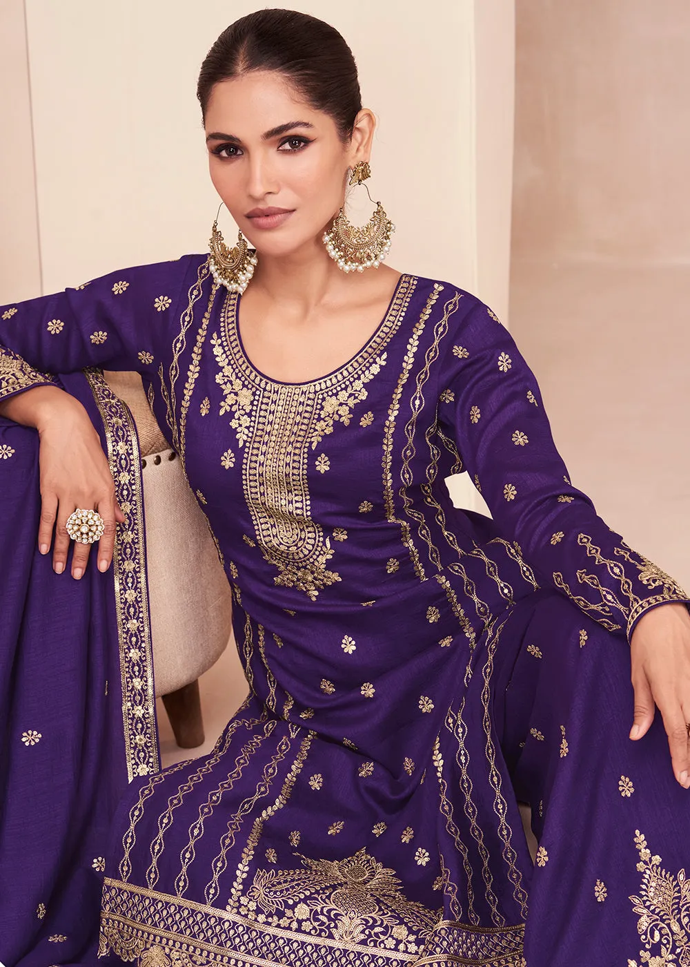 Captivating Purple Zari Embroidered Palazzo Salwar Suit