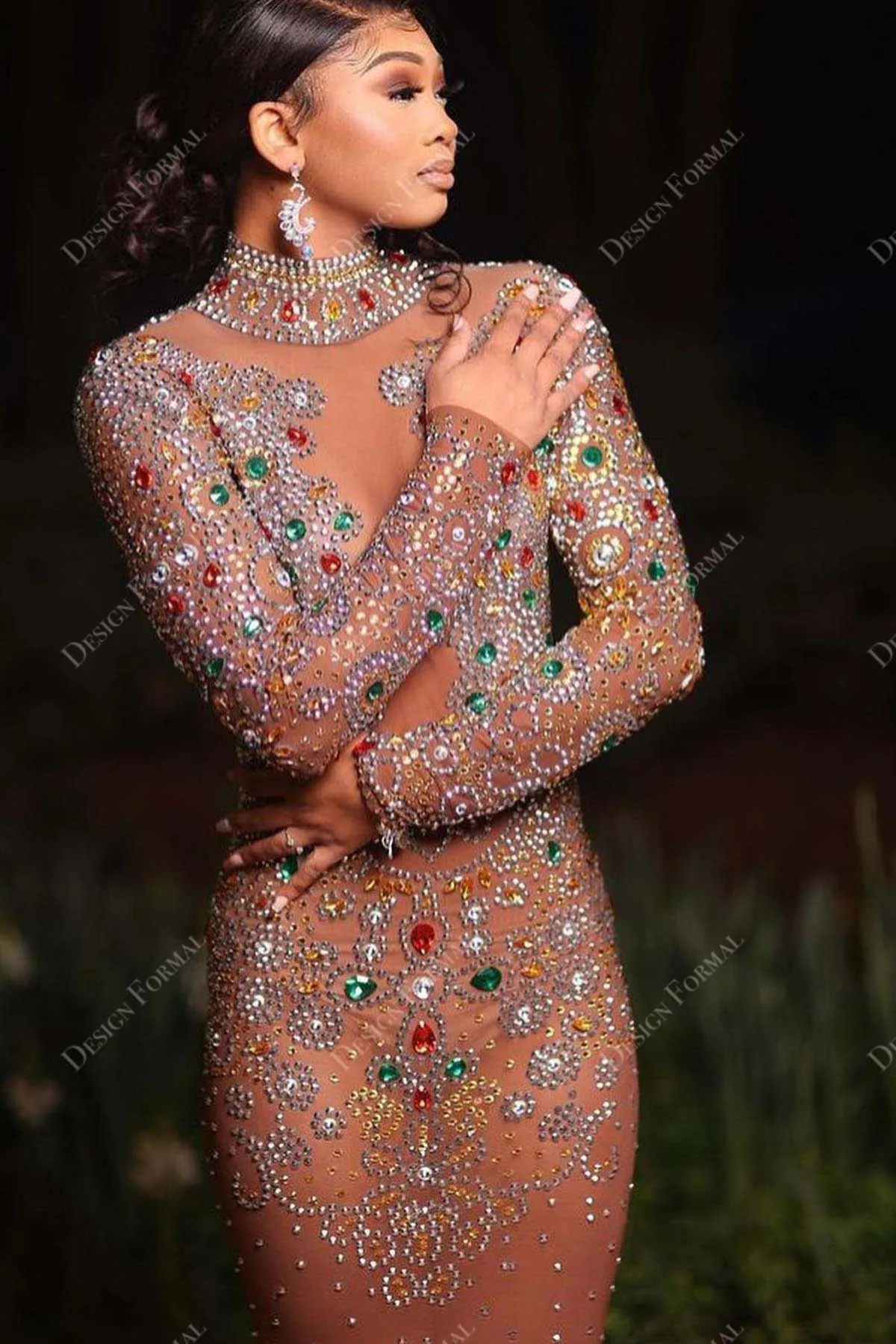 Colored Rhinestones Dark Nude Sheer Custom Mermaid Dress