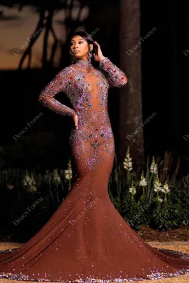 Colored Rhinestones Dark Nude Sheer Custom Mermaid Dress