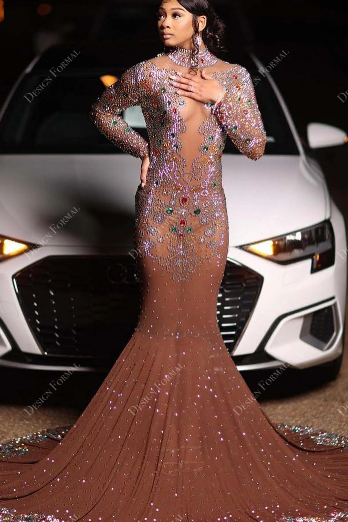 Colored Rhinestones Dark Nude Sheer Custom Mermaid Dress