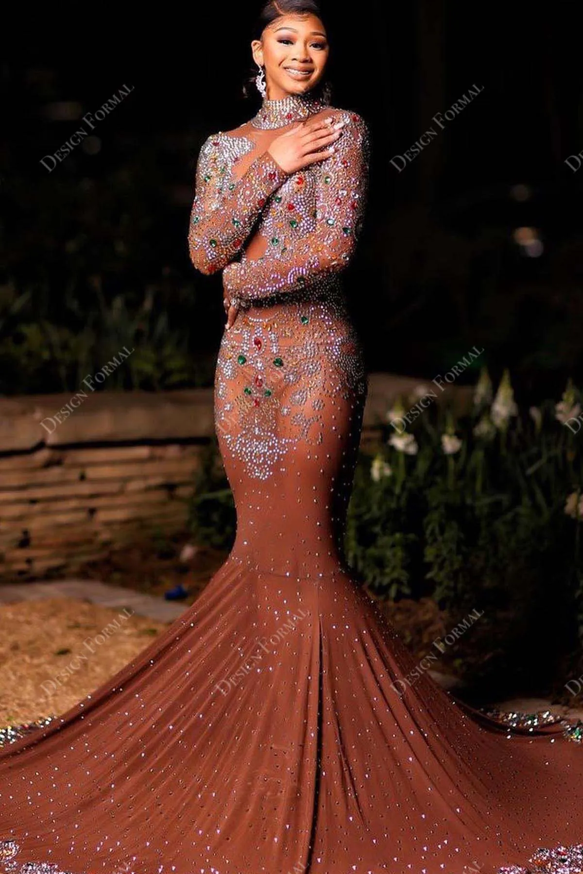 Colored Rhinestones Dark Nude Sheer Custom Mermaid Dress