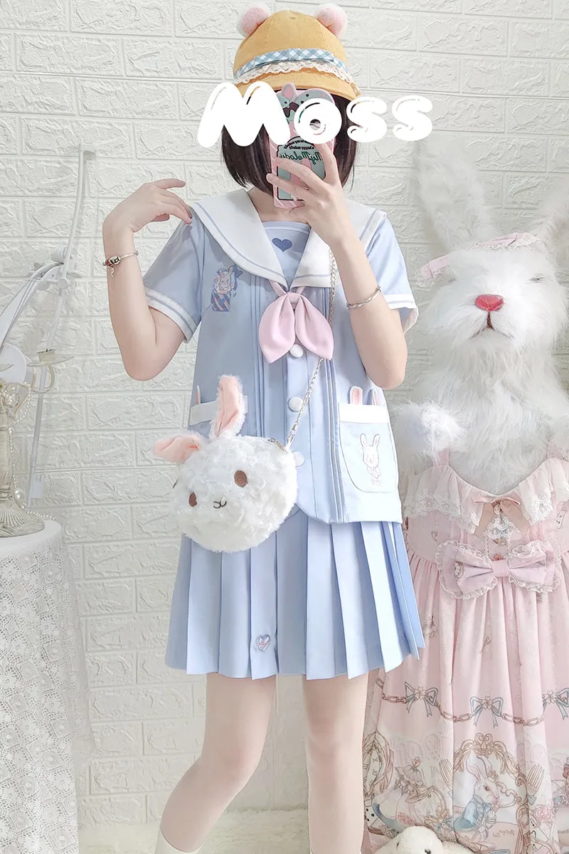 Cute Rabbit Bunny Pastel Blue Sailor Japanese Uniform Seifuku Two Piece Set