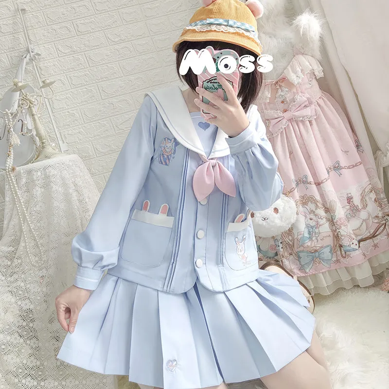 Cute Rabbit Bunny Pastel Blue Sailor Japanese Uniform Seifuku Two Piece Set