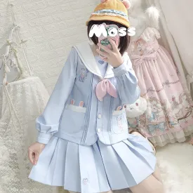 Cute Rabbit Bunny Pastel Blue Sailor Japanese Uniform Seifuku Two Piece Set