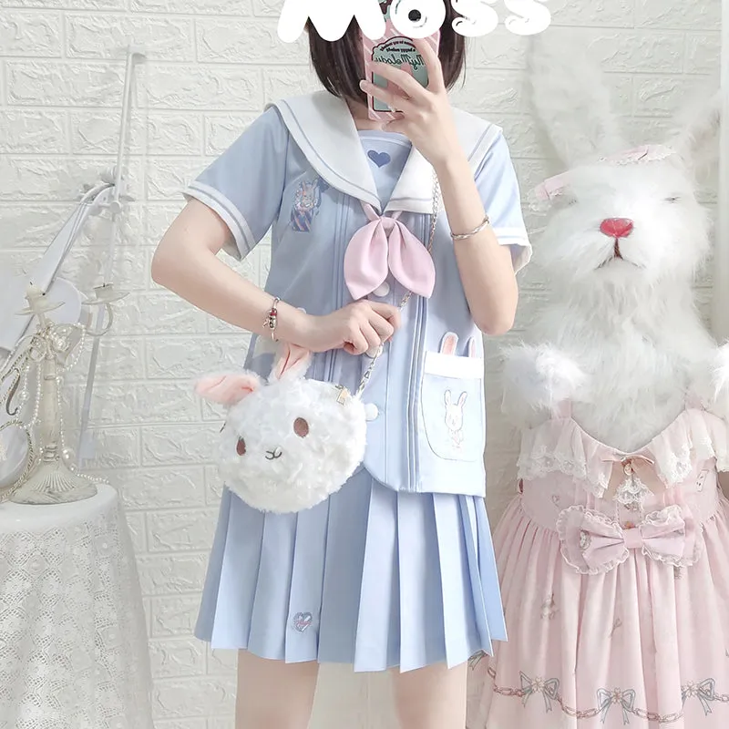 Cute Rabbit Bunny Pastel Blue Sailor Japanese Uniform Seifuku Two Piece Set