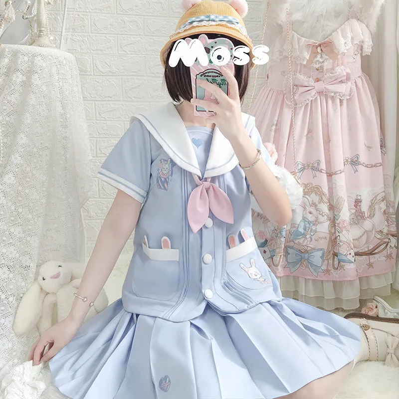 Cute Rabbit Bunny Pastel Blue Sailor Japanese Uniform Seifuku Two Piece Set