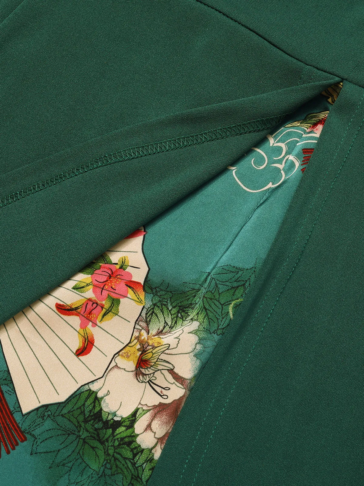 Dark Green 1940s Chinese Style Floral Belt Dress