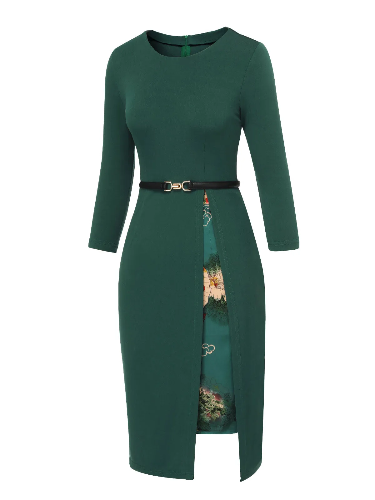 Dark Green 1940s Chinese Style Floral Belt Dress