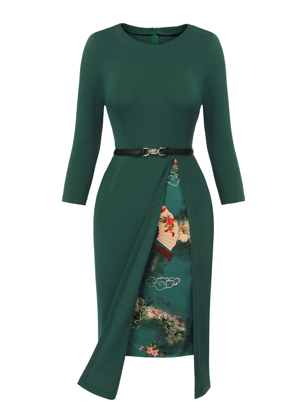 Dark Green 1940s Chinese Style Floral Belt Dress