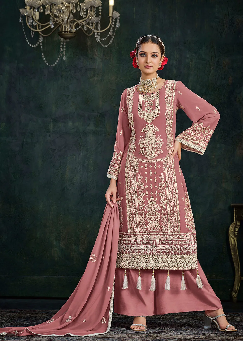 Ethereal Pink Foil Mirror Embroidered Palazzo Salwar Suit