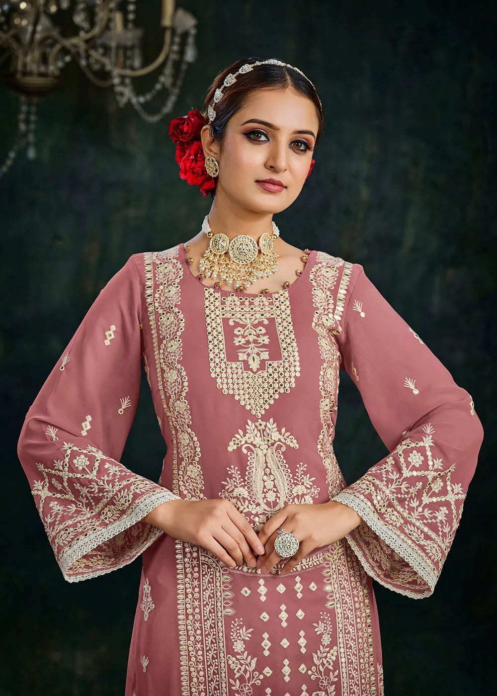 Ethereal Pink Foil Mirror Embroidered Palazzo Salwar Suit